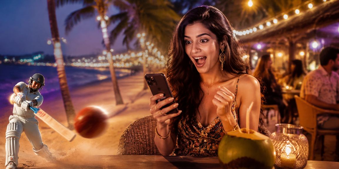 Crowd enjoying live cricket betting at Goa beach during sunset