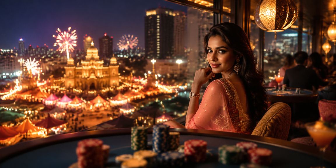 Vibrant Indian night market scene near casino with colorful lights and bustling crowd