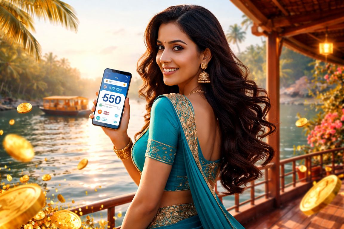 Kerala backwaters with mobile payment and player in saree